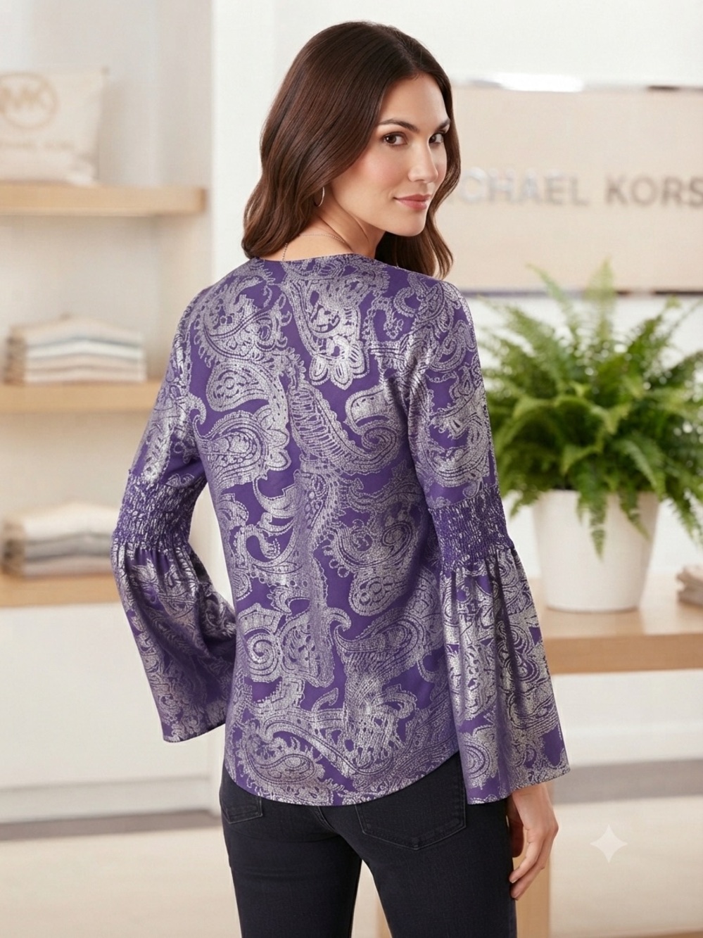 NWT Michael Kors Purple Paisley Metallic Bell Sleeve Blouse - Size XS 88.00 - Picture 2 of 3